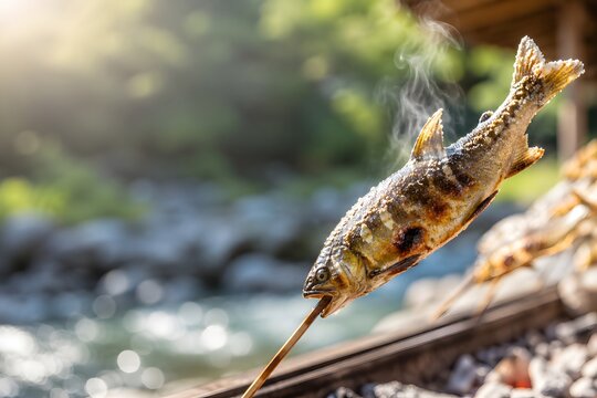 Freshly grilled salt-crusted sweetfish on skewer outdoors