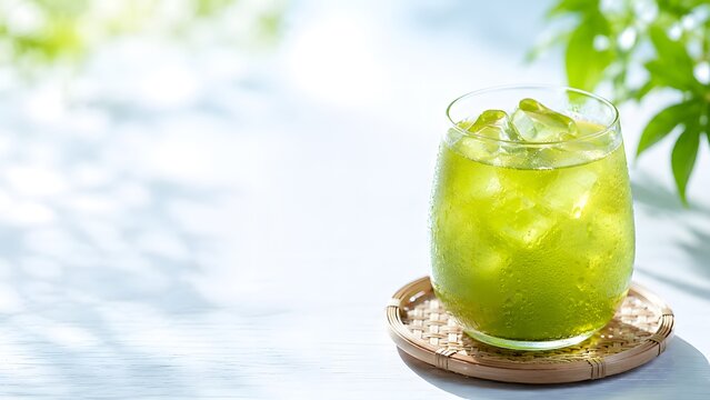 Refreshing iced green tea in glass with ice cubes and condensation