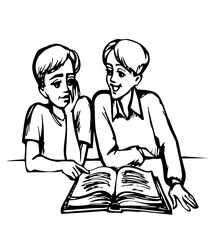 Obraz premium Vector drawing. Kids reading a book