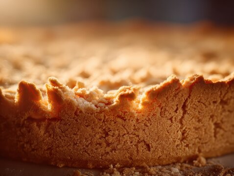 Close-up view of a freshly baked golden brown crusted whole pie or tart with visible texture and details