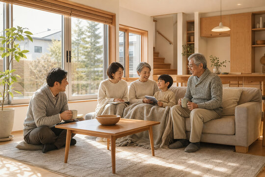 Three-Generation Japanese Family Enjoying an Energy-Efficient Home Together