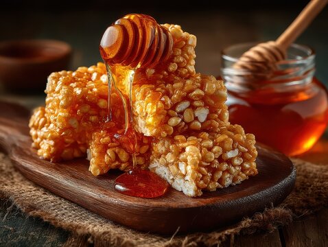 Crispy honeycomb cereal bars with honey dipper and jar of honey on rustic wooden board close up