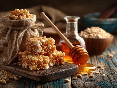 Traditional honey caramel popcorn snack with glass honey jar honey dipper and wooden table setting