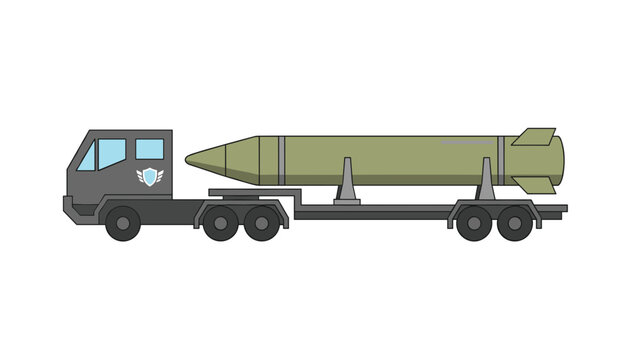 Military transporter truck carrying a large long-range ballistic missile for defense or strategic military operations.