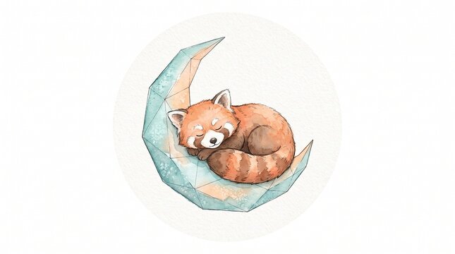 Adorable red panda watercolor illustration, sleeping peacefully on a geometric crescent moon, charming animal artwork for children's designs and nursery decor