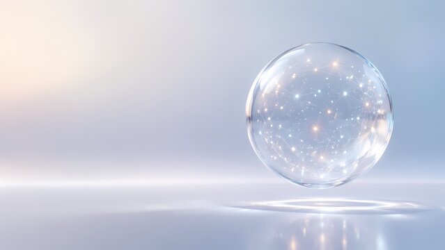 Minimal futuristic World Wide Web Day background with a transparent glass sphere, glowing network nodes, elegant digital connections, and a soft gradient backdrop. Created with Generative AI.