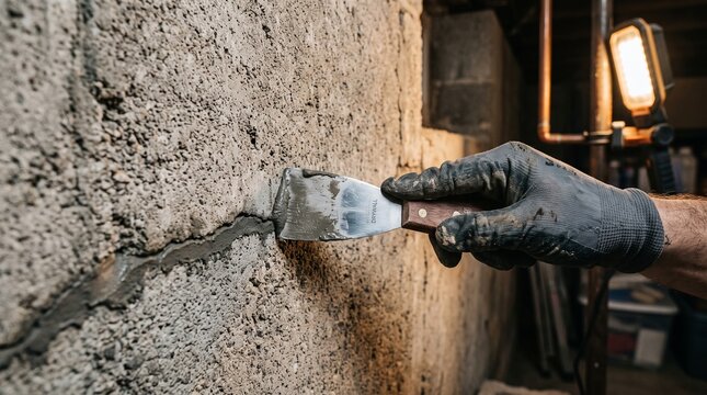 Applying hydraulic cement to seal a hairline crack in a basement wall.