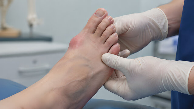 Bunion big toe with first MTP joint deviation during clinical podiatry examination, photorealistic medical procedure image for healthcare education, orthopedic care, and patient communication