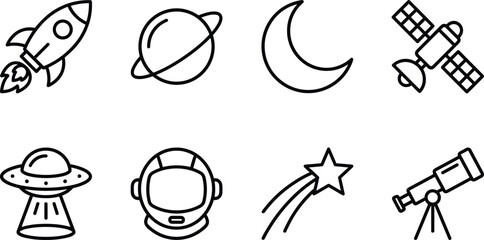 Outer Space Icon Set Featuring Rocket Planet Crescent Moon Satellite UFO Astronaut Helmet Shooting Star and Telescope Vector Elements © Subrata