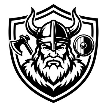 Viking chief shield logo with axe and round buckler