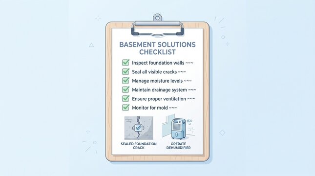 Checklist illustration summarizing key steps for fixing a damp basement wall without a professional.