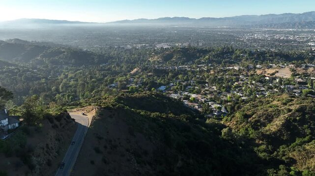 San Fernando Valley Aerial Shot Studio City from Mulholland Overlook Forward Tilt Up