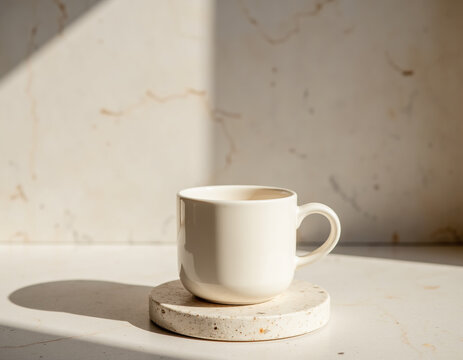 Minimalist Cream Ceramic Mug Mockup Standing on Stone Coaster with Warm Morning Sunlight and Shadow