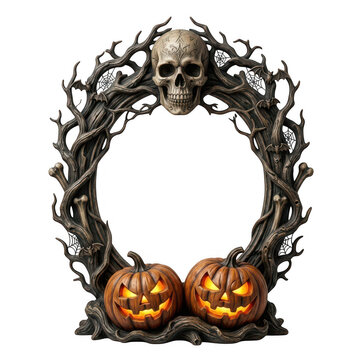 Halloween frame with human skull and glowing jack o lantern pumpkins