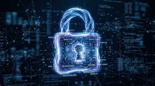 Digital padlock icon representing cybersecurity and data protection with blockchain technology and binary code