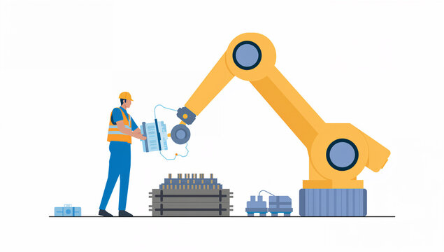 工場の生産ラインで精密回路部品の組み立て整備を行う作業員と産業ロボット
