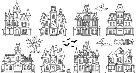 Obraz premium Spooky Halloween Haunted House Icon Set with Gothic Mansions, Abandoned Buildings, Dead Trees, Bats, and Creepy Elements for Autumn Seasonal Graphic Designs