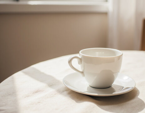 White Ceramic Coffee Cup with Saucer Resting on Cream Linen Tablecloth in Soft Window Light