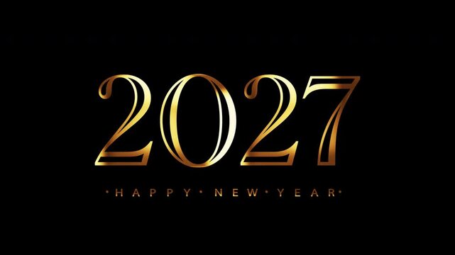 2027 Happy New Year glow golden text flickering shinelight effect animation on black background. Isolated alpha channel Apply prores 444