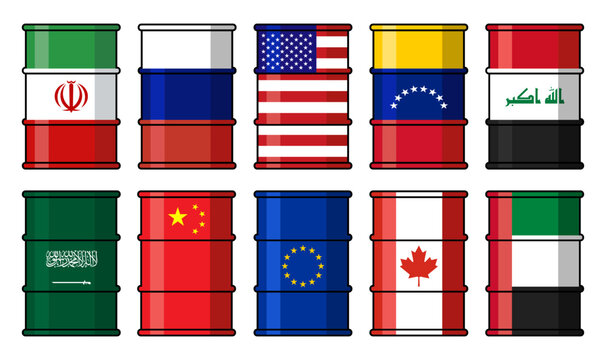 Oil barrel vector illustrations set with flags of USA, Russia, China and other major petroleum market nations
