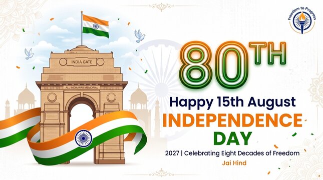 Happy Indian Independence Day 80th Year Celebration Vector Banner with India Gate Monument, Flying Tricolor Flag, Peace Doves, Ashoka Chakra, and Mandala Background