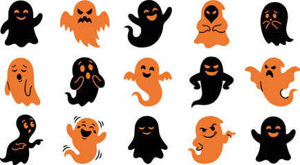Fototapeta premium Set of cute black and orange ghost stickers for halloween party decorations and spooky holiday graphic design projects