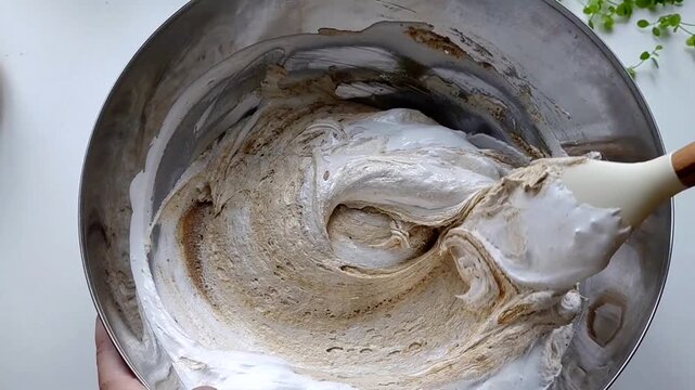 A person kneads the halva ingredients in a bowl with a spatula, preparing it. Various ingredients are visible in the finished mixture. Sunflower halva.