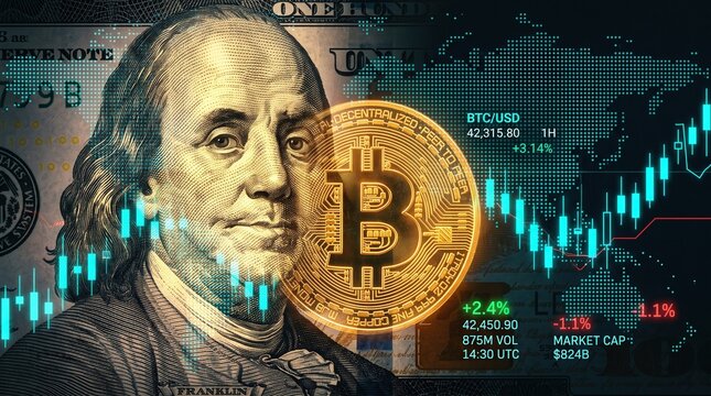 Bitcoin Gold Coin and Benjamin Franklin 100 Dollar Bill with Digital Trading Candlestick Charts for Cryptocurrency Market Analysis and Fintech Investment News