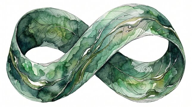 Watercolor infinity symbol, an elegant green mobius strip illustration, endless loop design, natural leaf texture, environmental concept art.