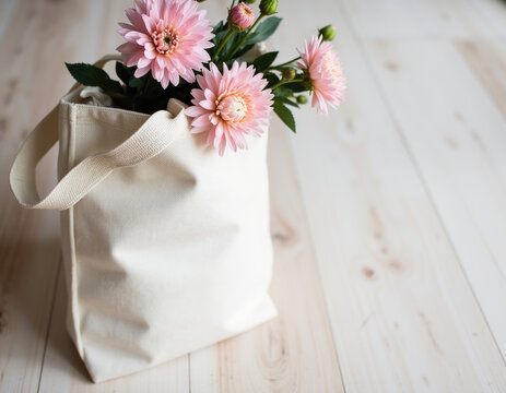Eco Friendly Canvas Tote Bag with Fresh Pink Chrysanthemum Flowers Resting on Light Wooden Floor