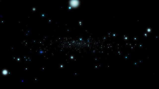 Abstract animation loop blue bokeh particles flow up on black background for screen project overlay.  4K 3D seamless looping blue bokeh particles dust fly in the air.