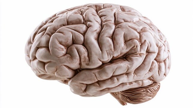 Human brain with detailed structure and lobes, isolated on white, medical accuracy, educational illustration. 