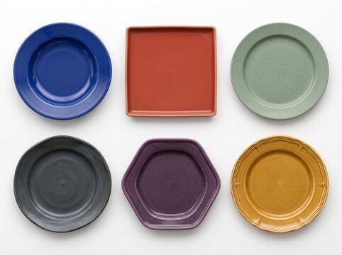 Collection of six diverse ceramic plates in various shapes and colors arranged on a white background