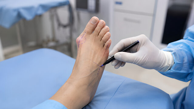 Bunion big toe with first MTP joint deviation during clinical podiatry examination, photorealistic medical procedure image for healthcare education, orthopedic care, and patient communication