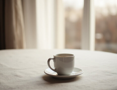 White Ceramic Coffee Cup and Saucer Resting on Cream Tablecloth with Soft Window Sunlight