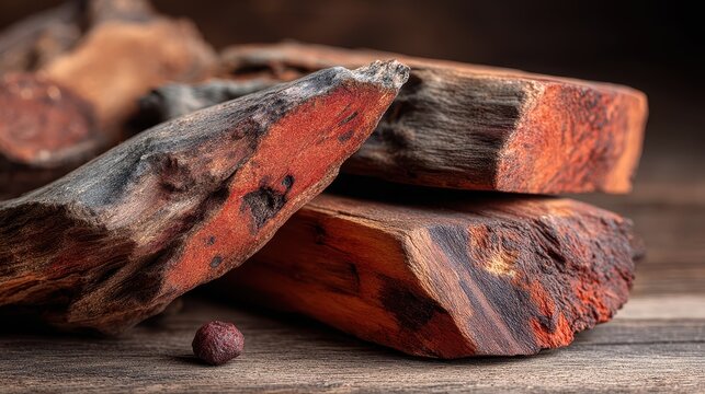 Close-up of charred and burned wooden logs with textured surface and smoky background, detailed detail