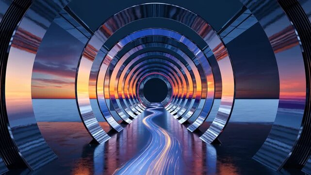 Futuristic Forex Market Session Tunnel with Sequential Light Rings Representing Continuous World Currency Trading Around the Clock