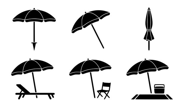 Beach umbrella vector silhouette collection with standing side view sunshade icons and summer vacation resort clipart