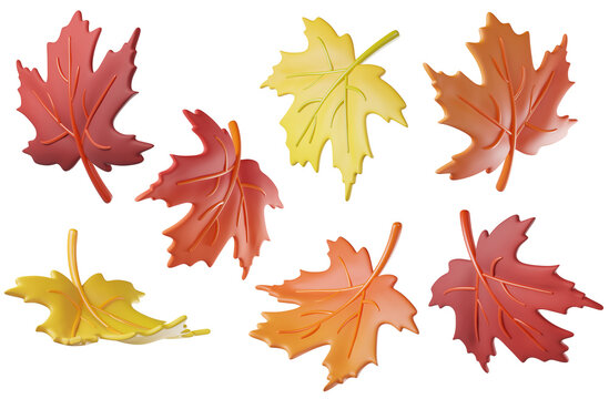 Set of colorful 3D fall autumn maple leaves in orange, red and yellow colors isolated on background. Foliage elements for autumn decoration, harvest, Halloween, Thanksgiving banners. 3d render
