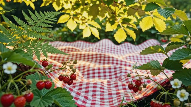 Red Checkered Picnic Blanket Spreading in Lush Garden Setting. 4K Video