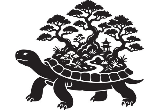 Turtle Island Illustration with Black Silhouette, Bonsai Trees, Pagoda, Lake Grass and Tropical Forest Elements on White Backgroun