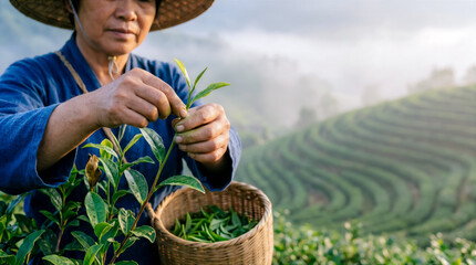 Obraz premium Tea leaf picking and tea cultivation, an elderly Chinese woman using the traditional manual tea picking technique - one bud, two leaves, copy space about tea production traditions