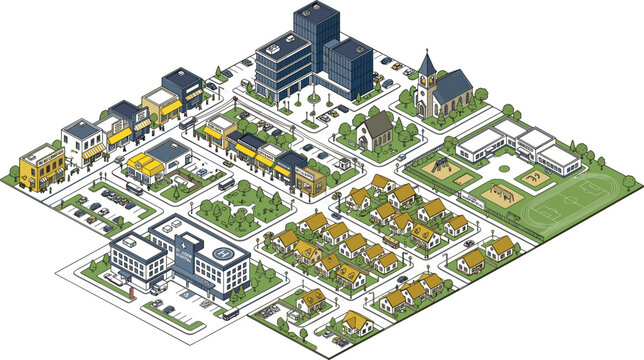 Isometric vector map design of a suburban town layout . Modern hospital, corporate office buildings, commercial shops, residential houses, school playground, church, white background .