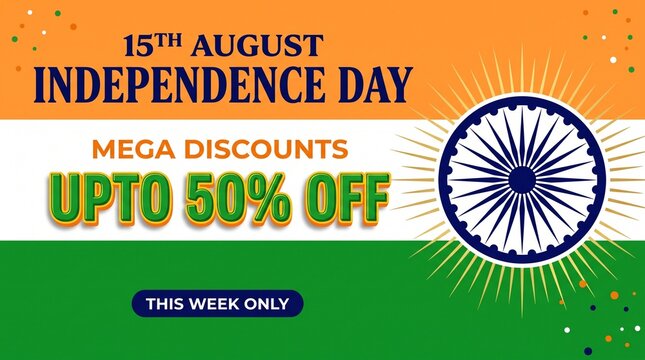 Graphic design banner for fifteenth august independence day celebration featuring traditional saffron white green colors wheel symbol marketing promotional text special offer discount.