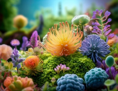microbial harmony in nature s garden an intricate exploration of diverse flora symbolizing gut and skin microbiomes showcasing vibrant structures with a gentle backdrop