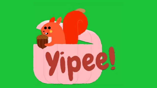 Cute red squirrel holding acorn inside pink box with yipee text vector animation green screen background