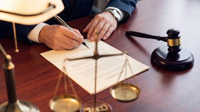 Lawyer signing legal contract at desk with gavel and scales of justice