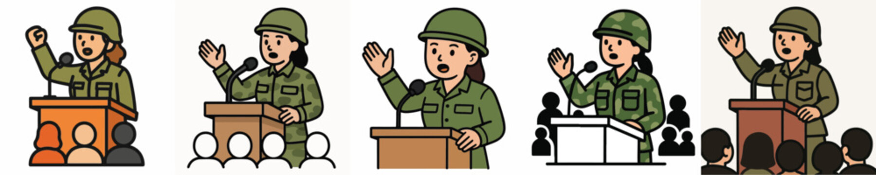 Set of vector illustrations of women giving speeches
