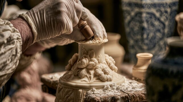 Craftsman carving ceramic vase in studio. Artistry concept.