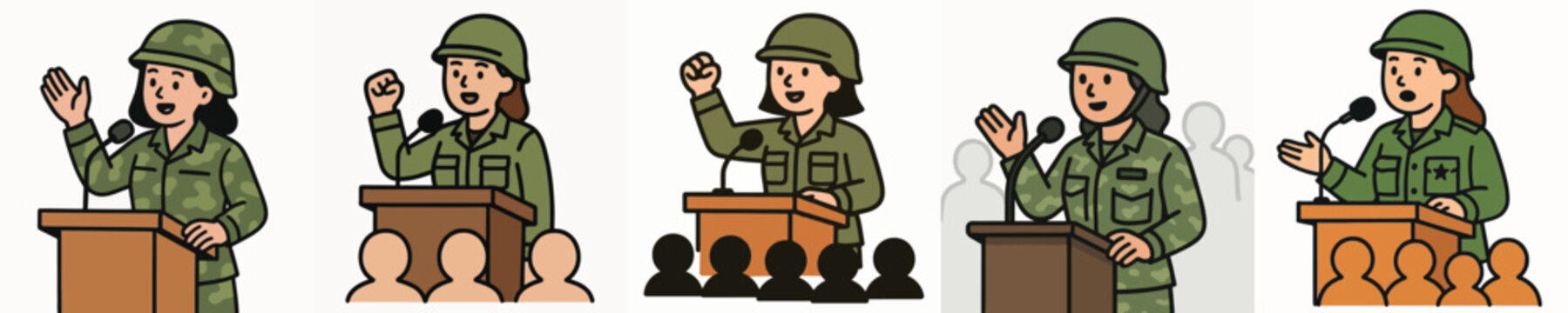 Set of vector illustrations of women giving speeches